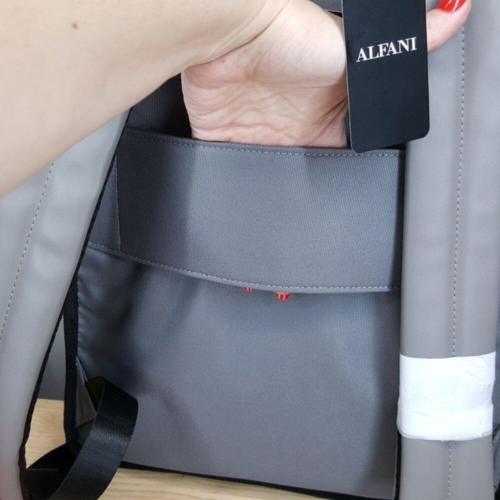 ALFANI Backpack Grey Canvas Roll Top Backpack Faux Leather Trim Laptop Sleeve - Picture 9 of 13